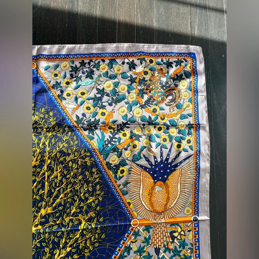 Elegant Blue and Gold Tree of Life Scarf 100% silk